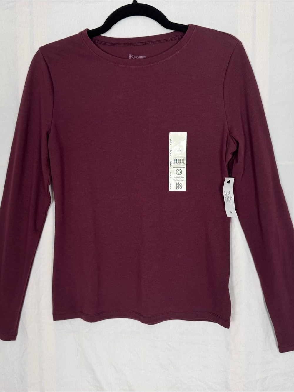 No Boundaries Juniors Burgundy Long Sleeve Top Size Large NWT Casual Tee